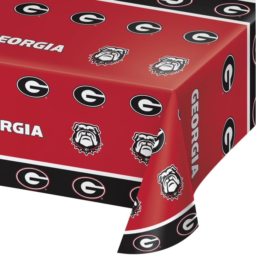 Shows the core product clearly to help shoppers identify the Georgia-themed tablecloth with team logos and colors.
