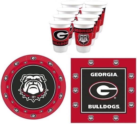 Shows all items included in the purchase - cups, plates, and napkins - so buyers can see exactly what they will receive in the Georgia Bulldogs themed party pack.