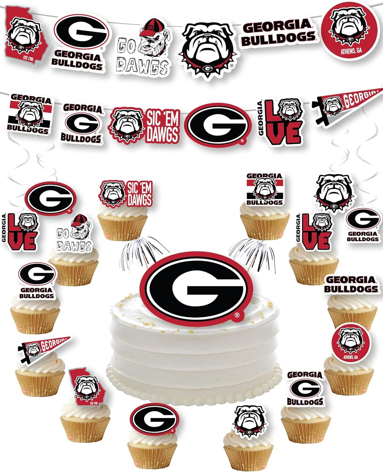 Shows all items included in the purchase such as banners, cupcake toppers, and cake decorations to help buyers understand exactly what they will receive.
