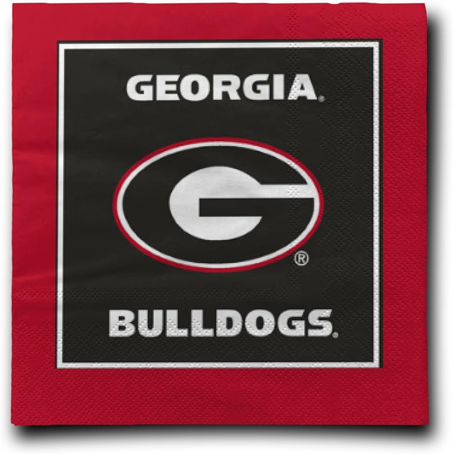 Displays the Georgia Bulldogs branded napkin clearly to show the team logo and colors, helping fans identify official licensed merchandise.