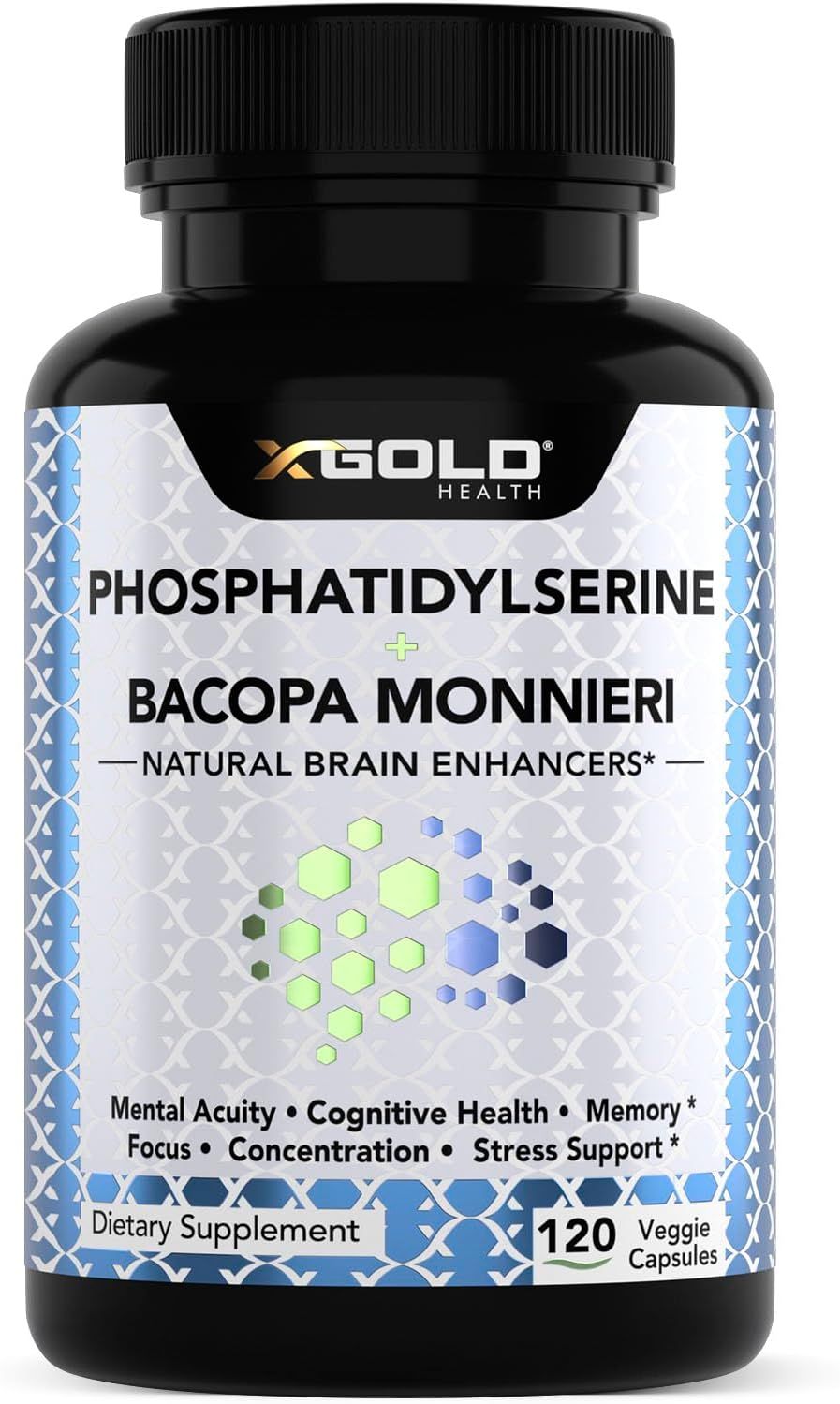 Displays the core product clearly on a white background to help shoppers quickly identify the supplement bottle and its primary ingredients for cognitive health.