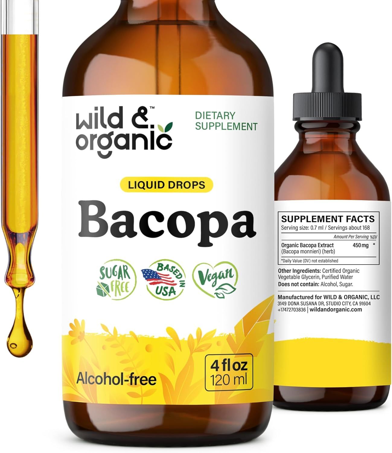 Shows the Bacopa liquid drops product alongside its branded packaging to communicate professionalism, brand identity, and provide detailed supplement information to the buyer.