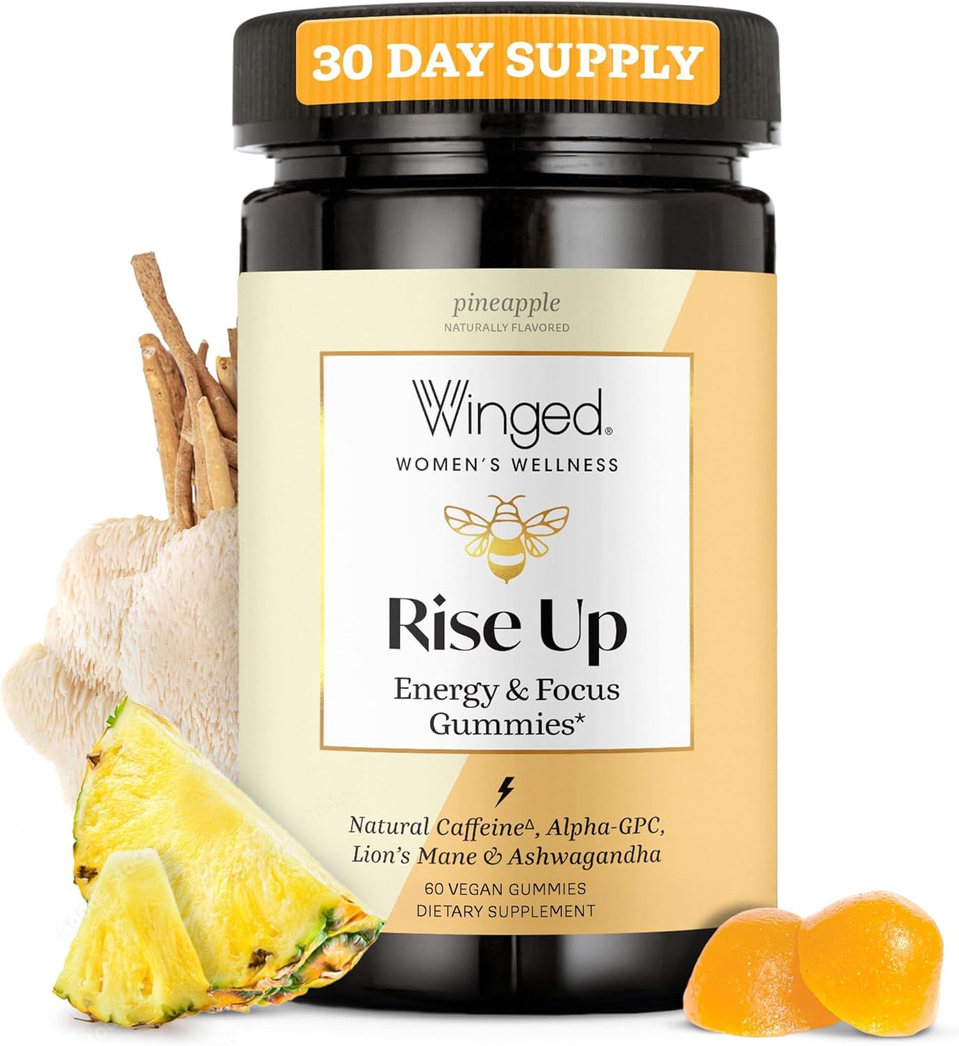 Shows the supplement bottle clearly with its packaging and branding, alongside fresh pineapple and gummies to communicate the natural pineapple flavor and product form.