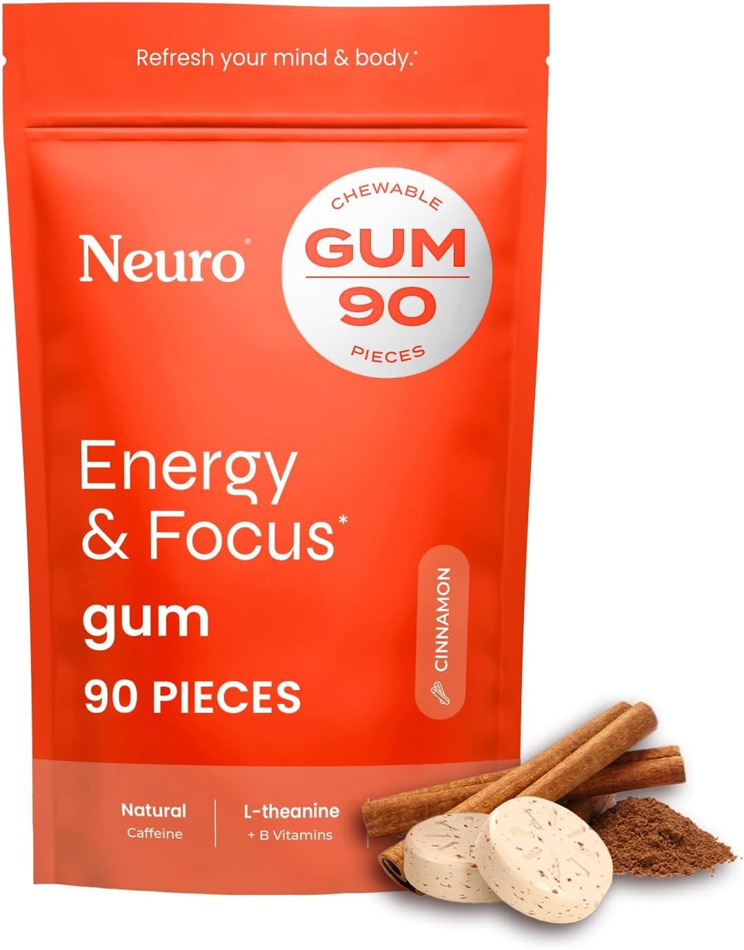 Shows the branded retail packaging alongside the actual gum pieces and ingredients to communicate professionalism, brand identity, and what the customer will receive.