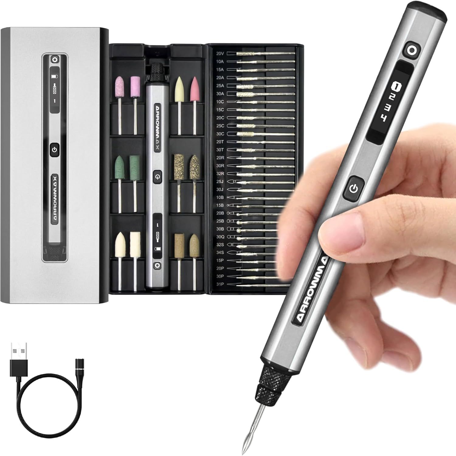 Shows buyers exactly what they will receive: a precision screwdriver tool, organized case with multiple bits and attachments, and USB charging cable.