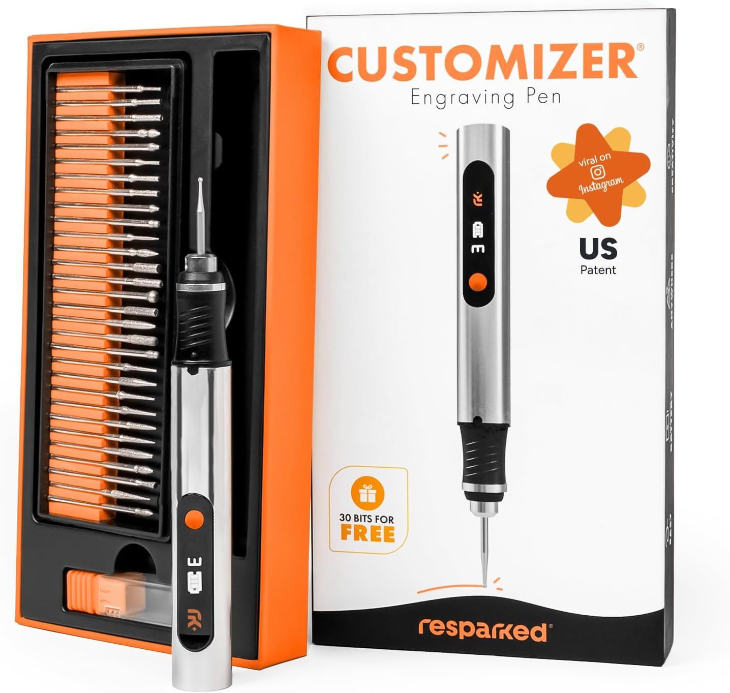 Shows the buyer exactly what is included in the purchase: the engraving pen tool and all 30 accessory bits neatly organized in the case. Displays the product alongside its branded retail box to…