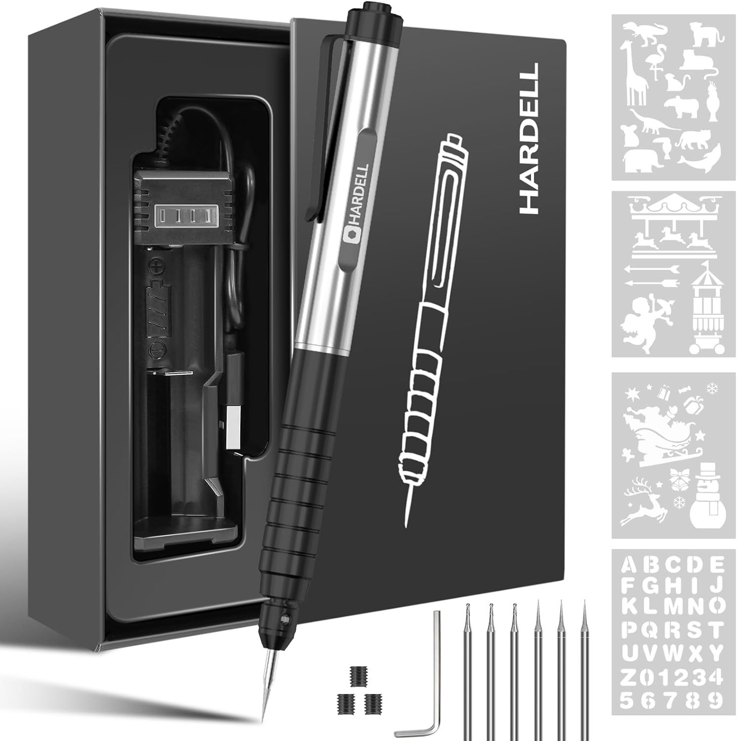 Shows buyers exactly what they will receive in the purchase, including the engraving pen, storage case, multiple tips, screws, and stencils.