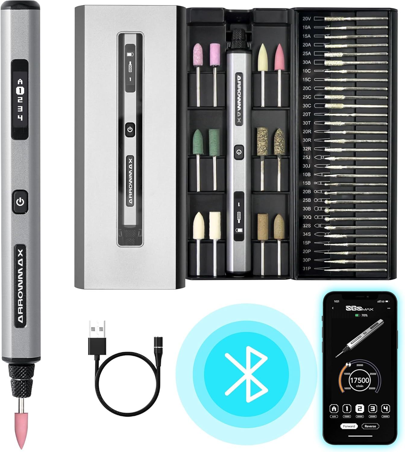 Shows buyers exactly what they will receive in the purchase, including the electric nail drill, multiple drill bits, USB charging cable, and Bluetooth connectivity for app control.