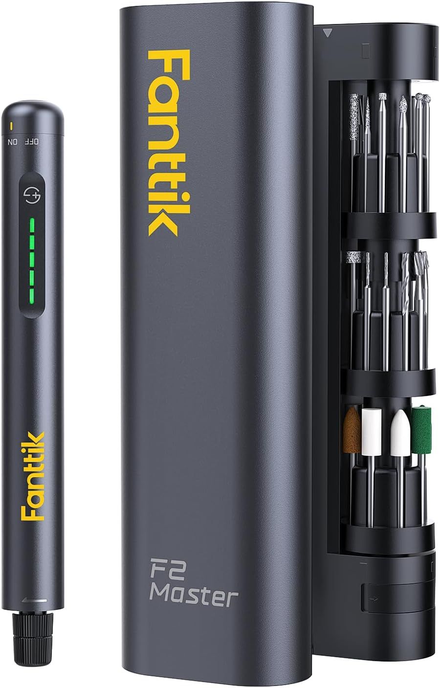 Shows the buyer all included components: the main rotary tool, storage case, and full set of drill bits and accessories, demonstrating the complete value of the purchase.