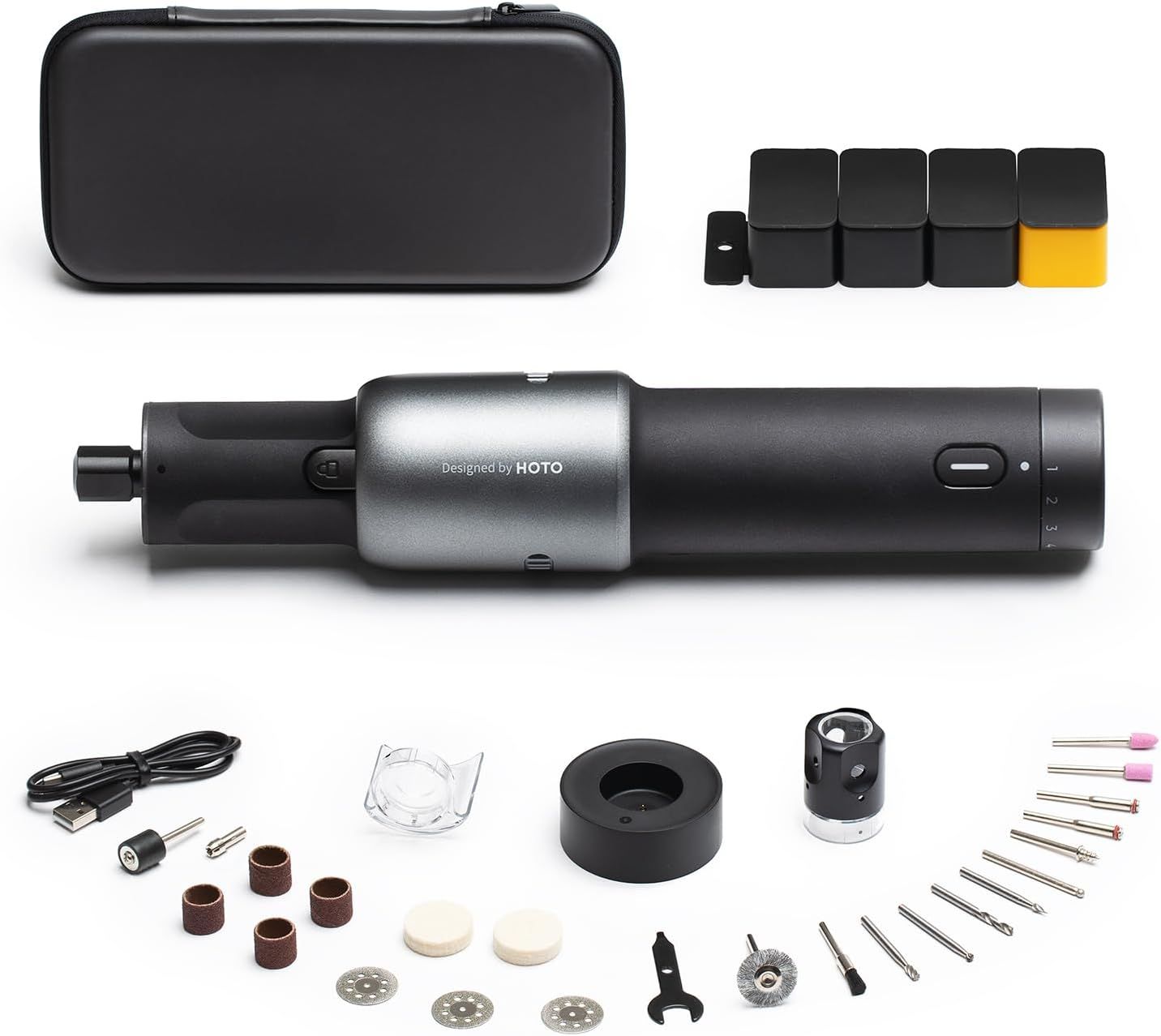 Shows buyers exactly what they will receive in the purchase, including the main tool, carrying case, battery pack, and all included attachments and accessories.