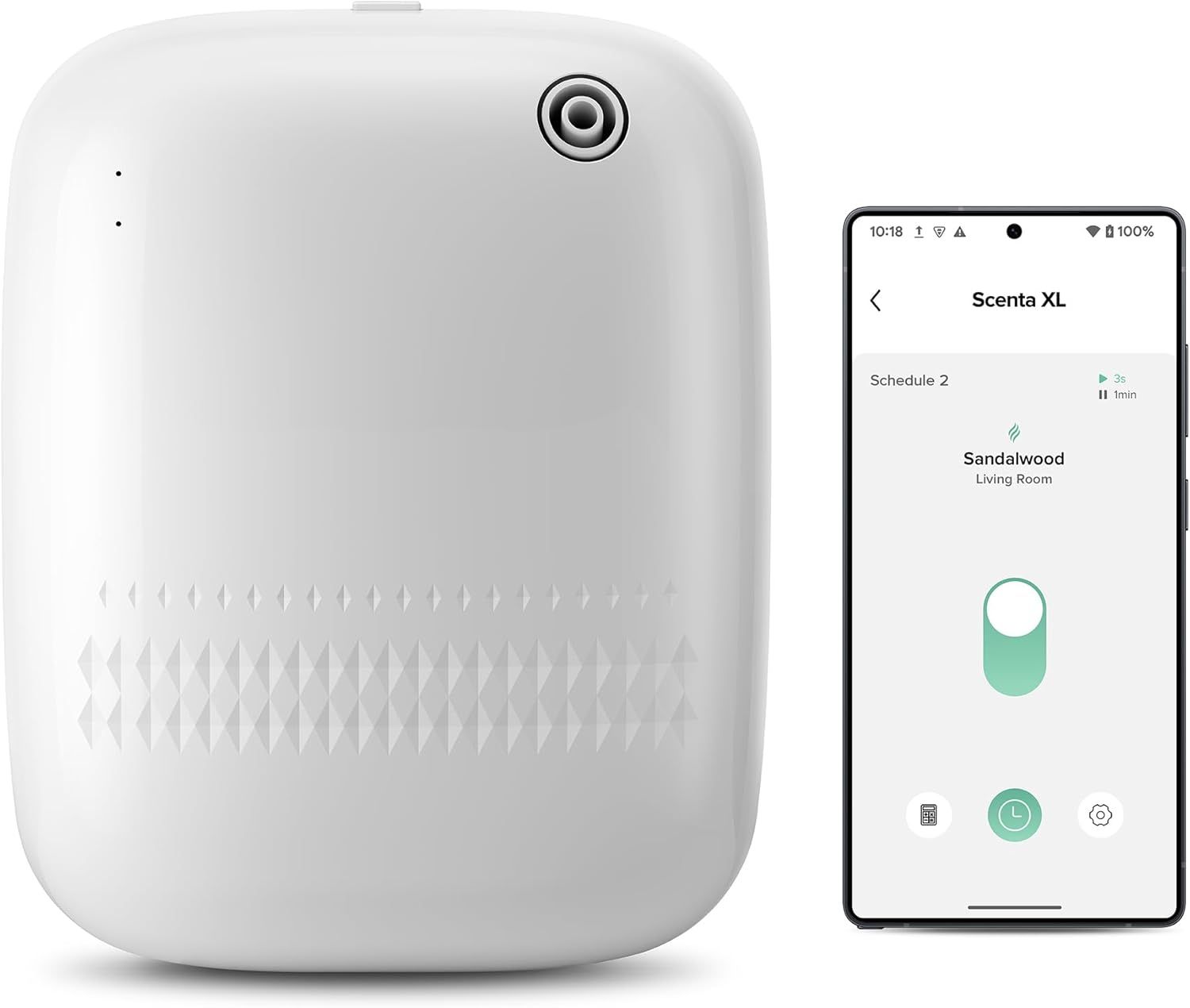 Shows the core product alongside its smartphone app interface to demonstrate smart connectivity and ease of control for scheduling and managing scent diffusion.
