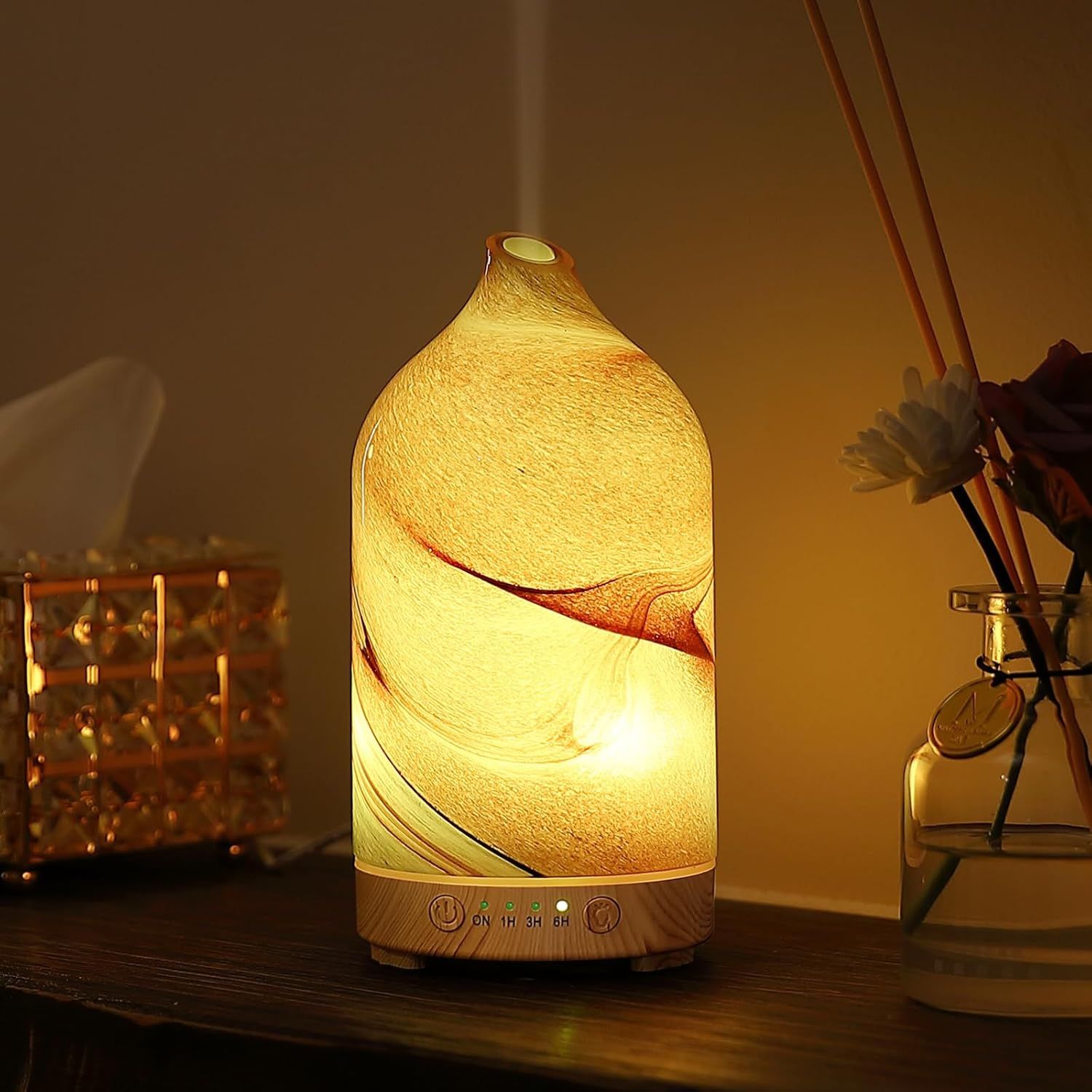 Shows the product in a real-world home setting to demonstrate its warm ambient lighting effect and decorative appeal as a functional home decor piece.