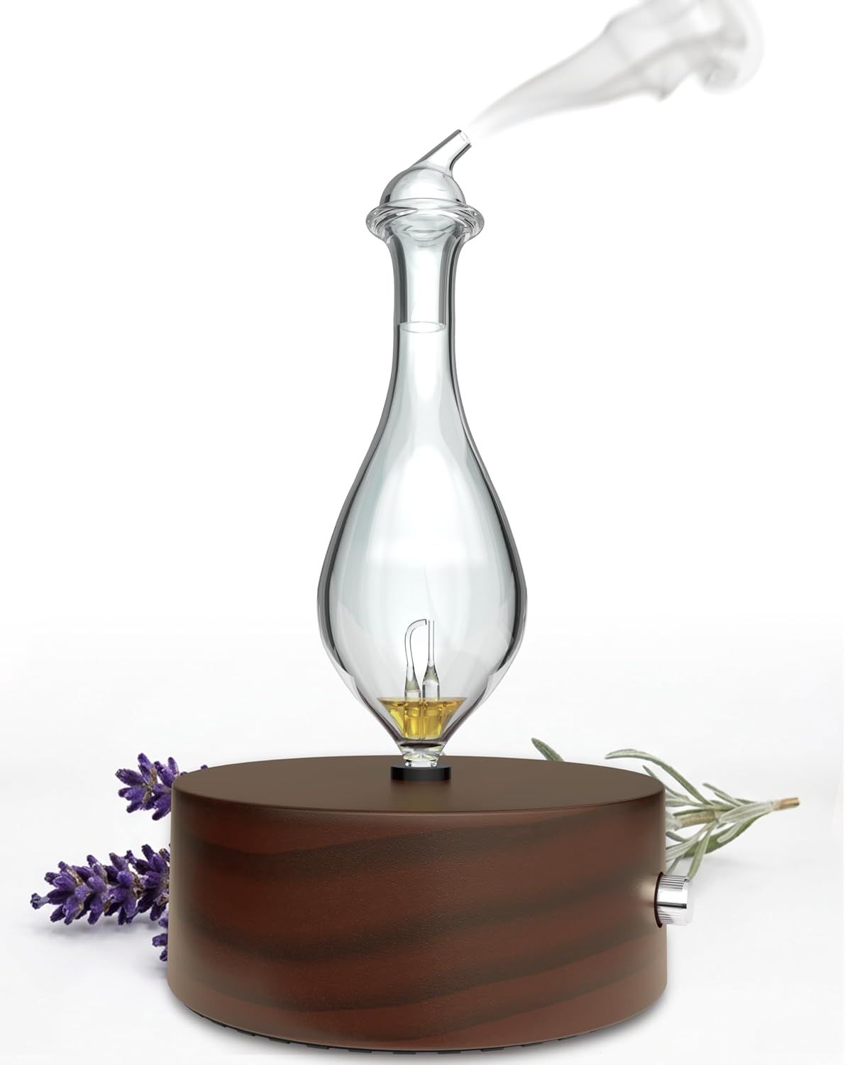 Showcases the product in a real-world context with natural elements like lavender and rosemary to communicate its use for aromatherapy and home ambiance.