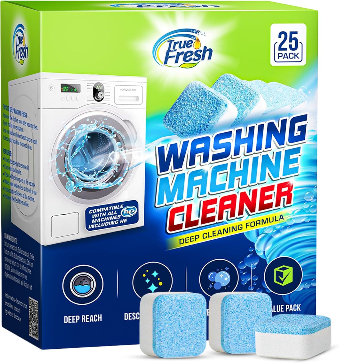 Shows the product in its branded retail packaging alongside the actual cleaning tablets to communicate professionalism, brand identity, and what the customer will receive.