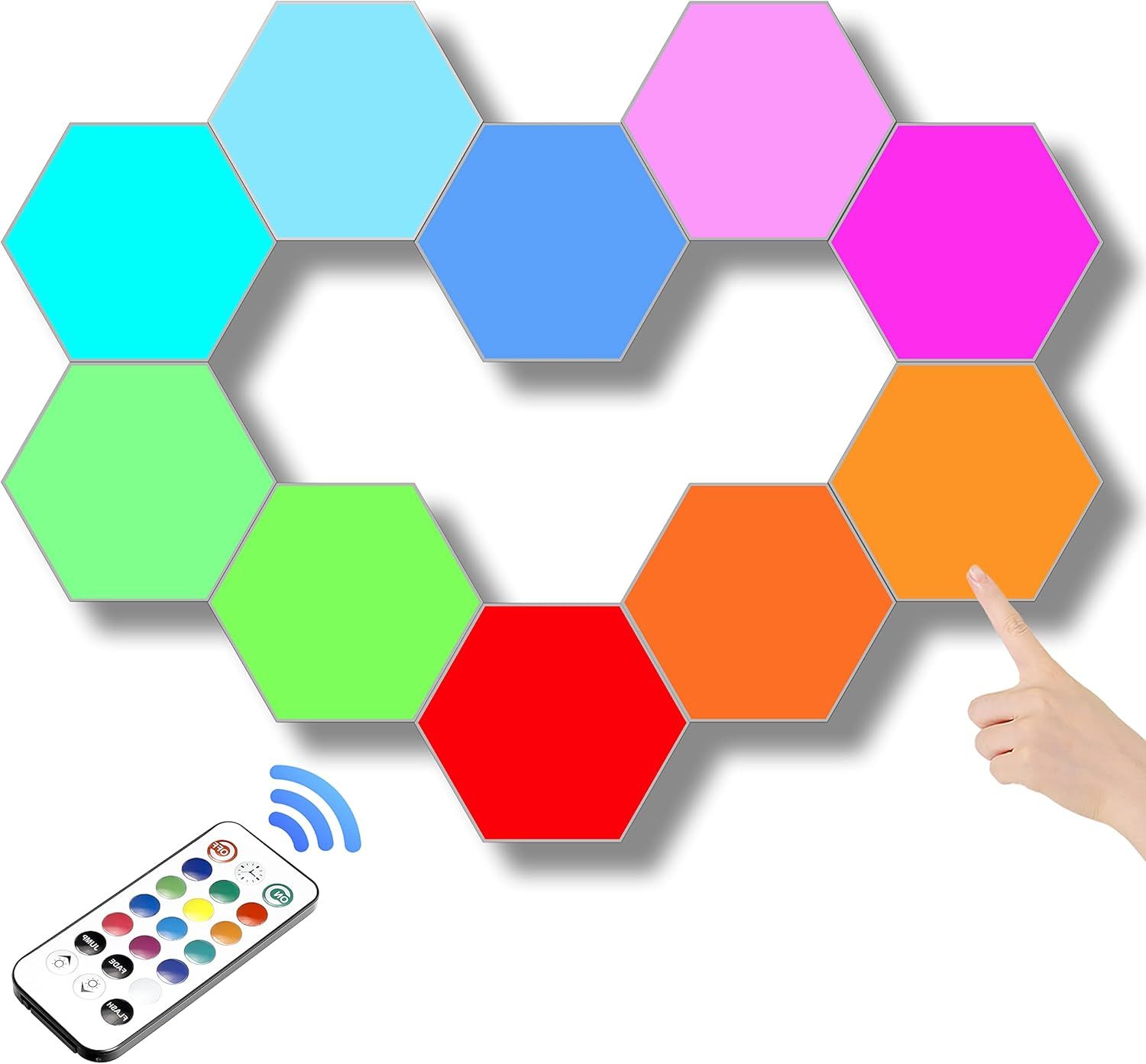 Shows the core product clearly against a white background to help shoppers identify the hexagonal LED light panels and included remote control.