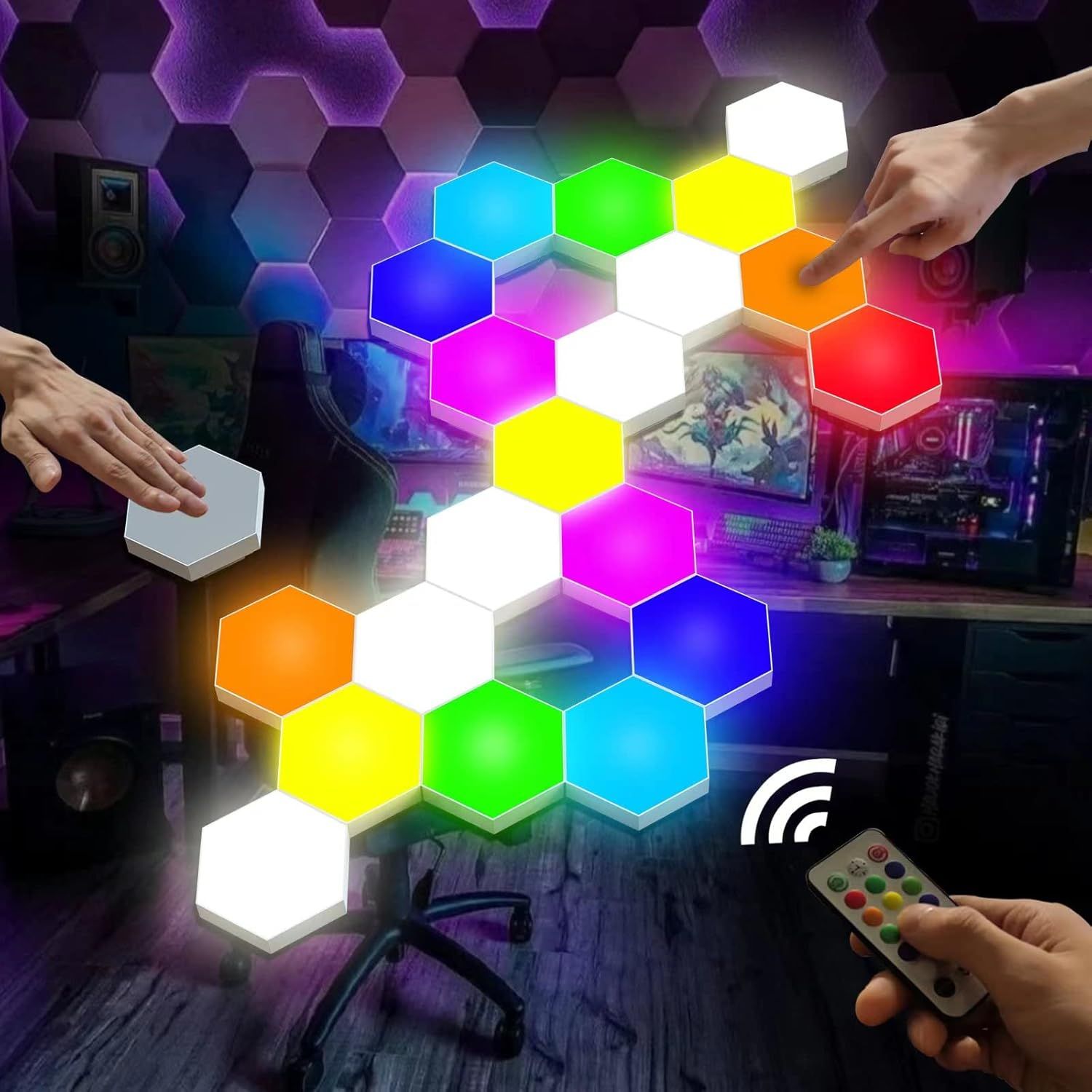 Demonstrates the product in a real-world gaming or entertainment setup, showing how the modular hexagonal LED lights can be arranged and controlled via touch and remote to create customizable…