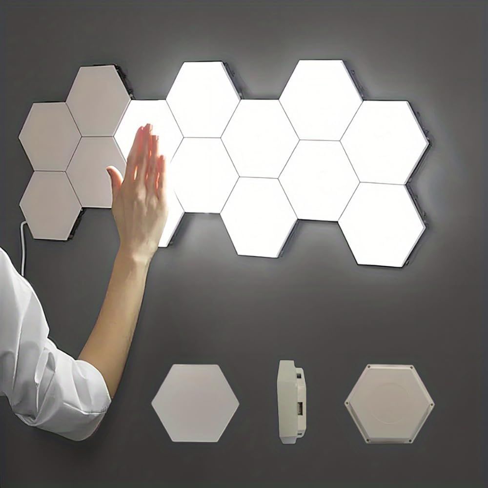 Demonstrates the interactive touch-activated functionality and modular hexagonal design of the lighting panels in a real-world wall setting to help shoppers visualize installation and use.