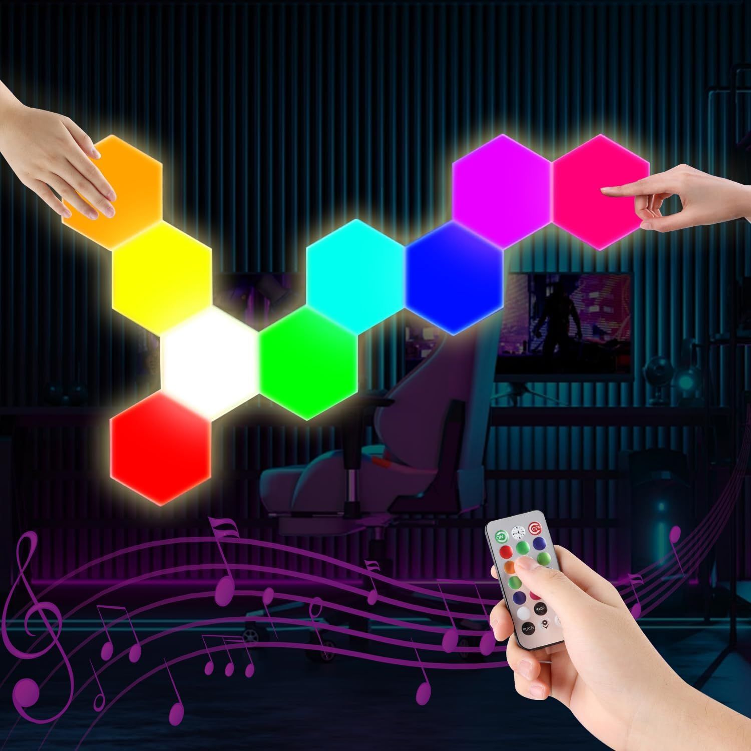 Demonstrates the product installed in a real gaming room environment to show how the hexagonal LED panels create ambient lighting and enhance the aesthetic of a living space.