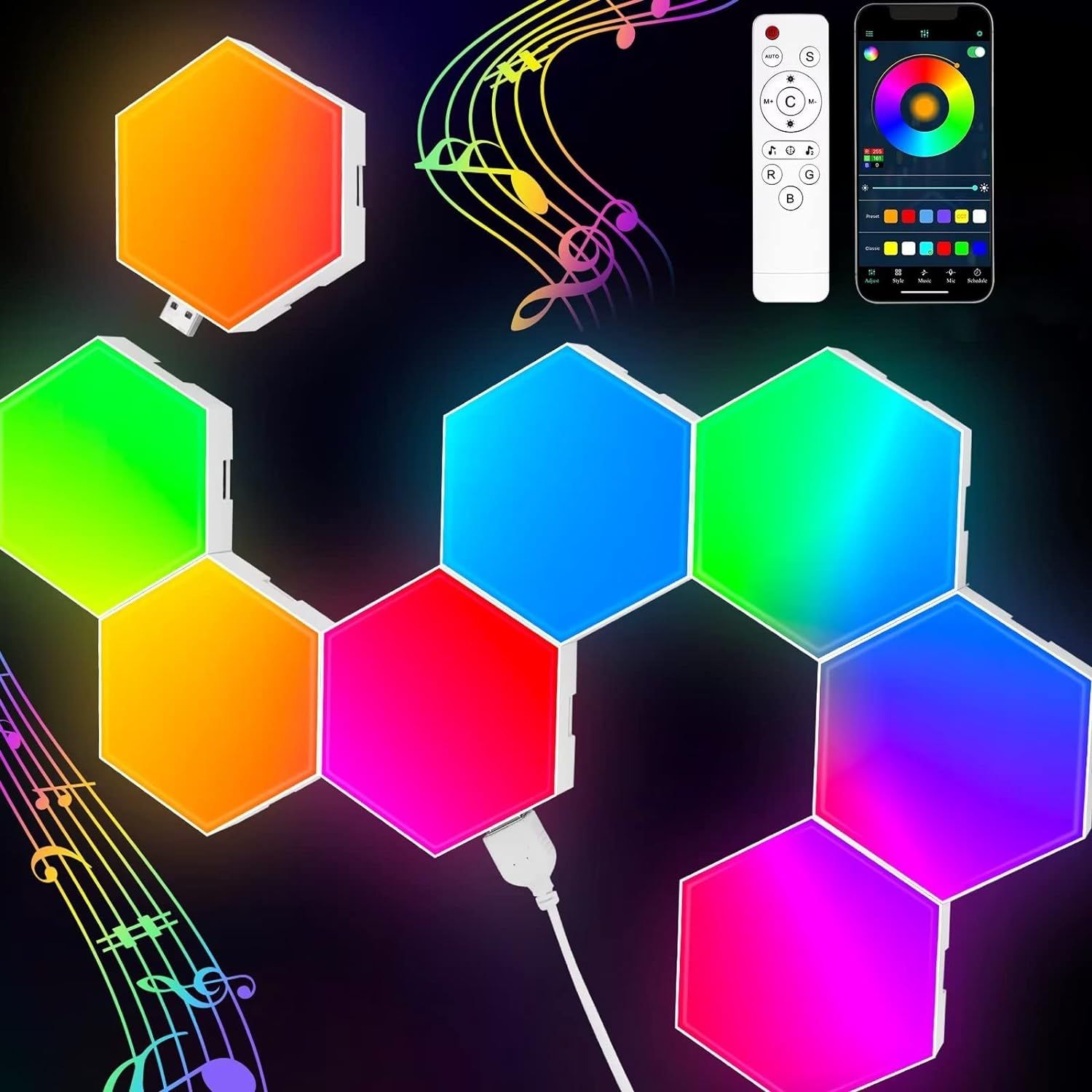 Shows all included components in the package: the hexagonal light panels, remote control, and smartphone app interface to demonstrate the complete smart lighting system and control options available…