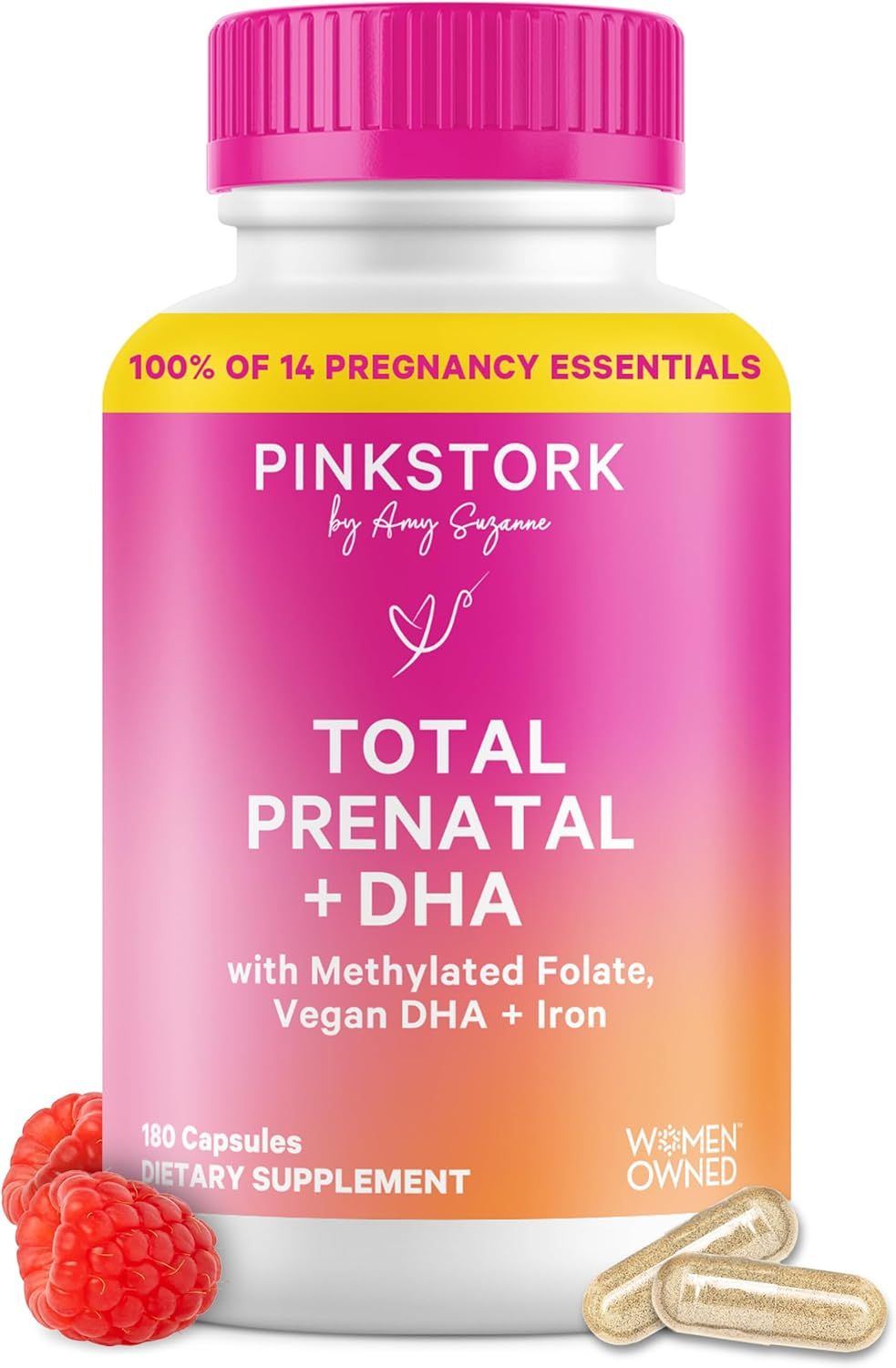 Displays the product in its retail packaging to communicate brand identity, professionalism, and the comprehensive prenatal vitamin formula with DHA and essential nutrients for pregnancy.