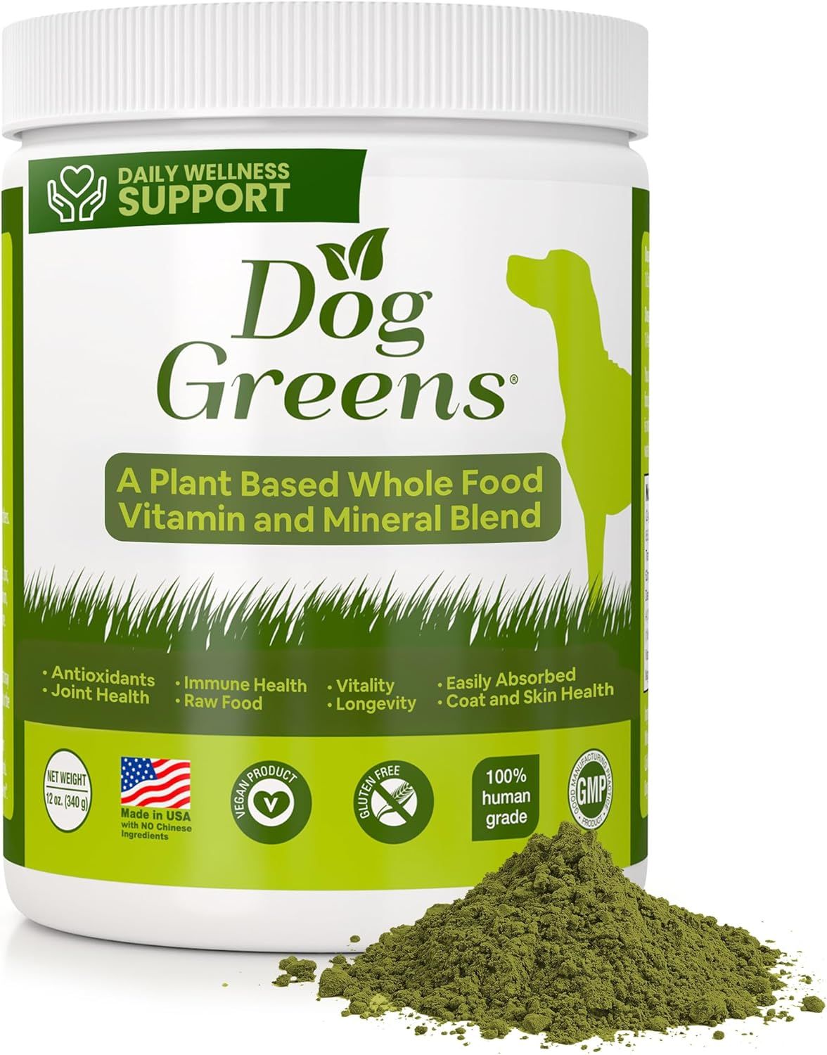 Shows the branded container and the actual green powder supplement to communicate product authenticity, retail readiness, and what the customer will receive.