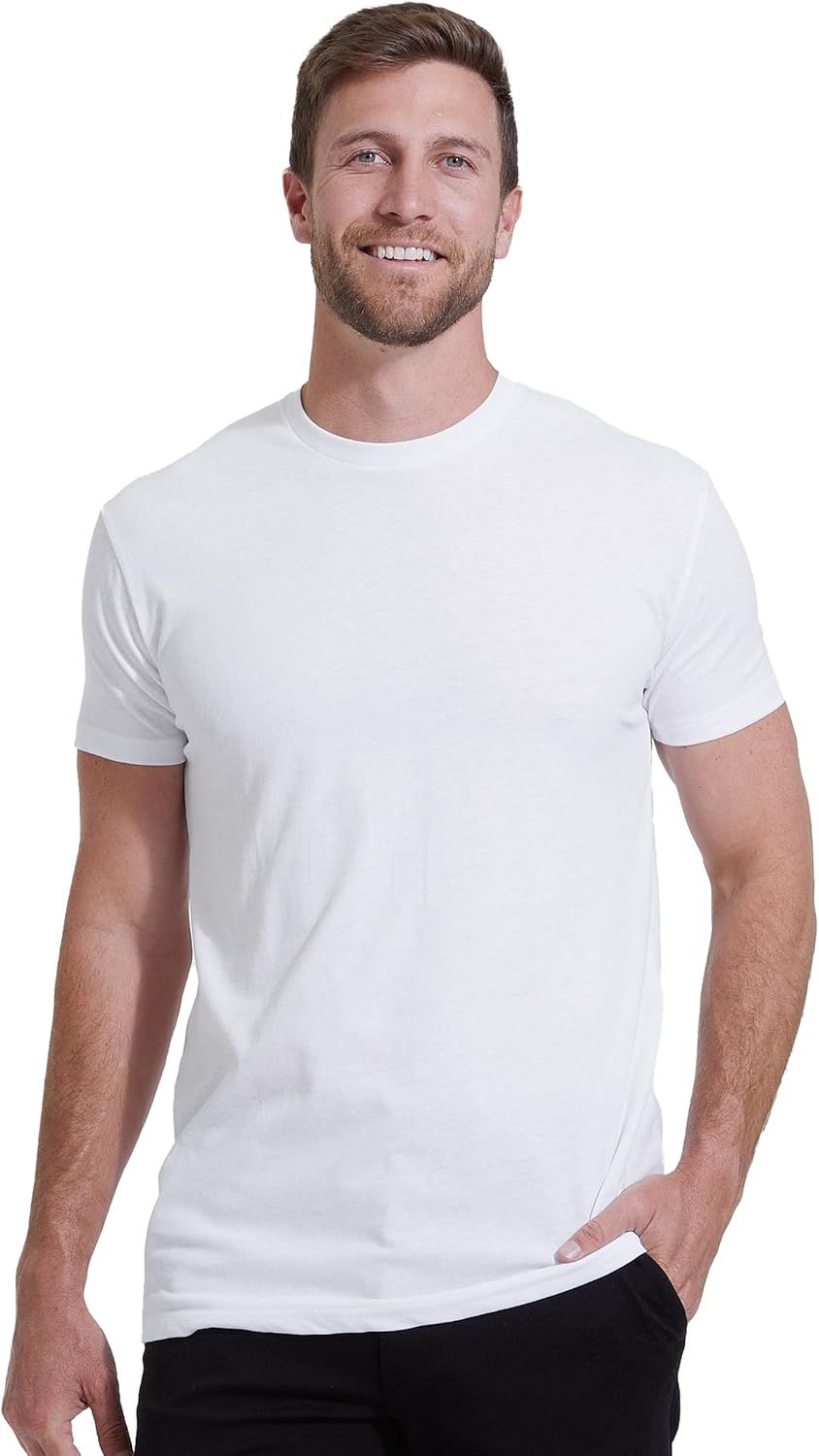 Shows how the t-shirt fits on a person to help shoppers visualize size, fit, and appearance when worn.
