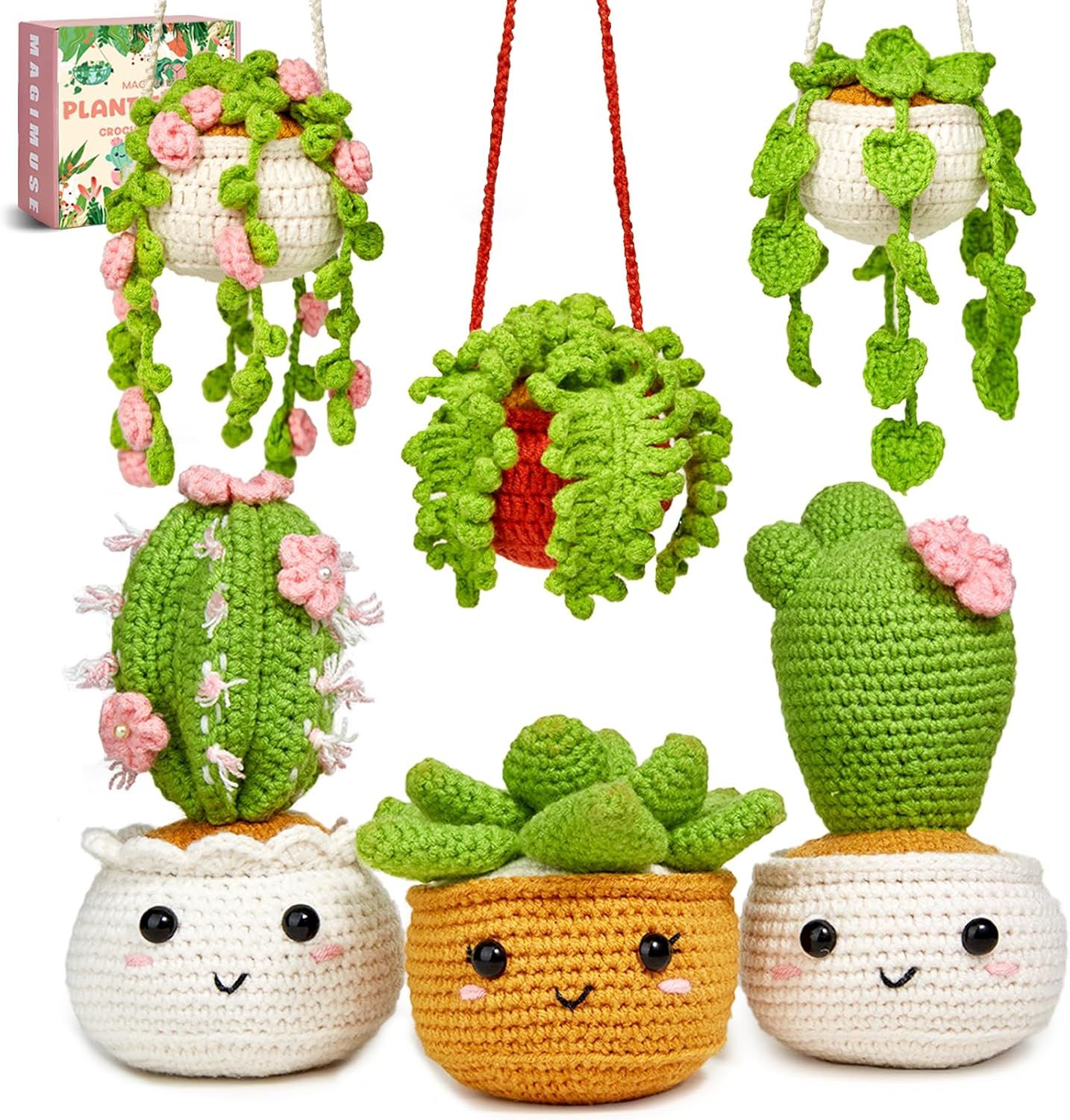Shows buyers all the crochet plant items included in the purchase, including hanging planters and potted cacti with cute faces, to communicate the full value of the set. Displays the branded…