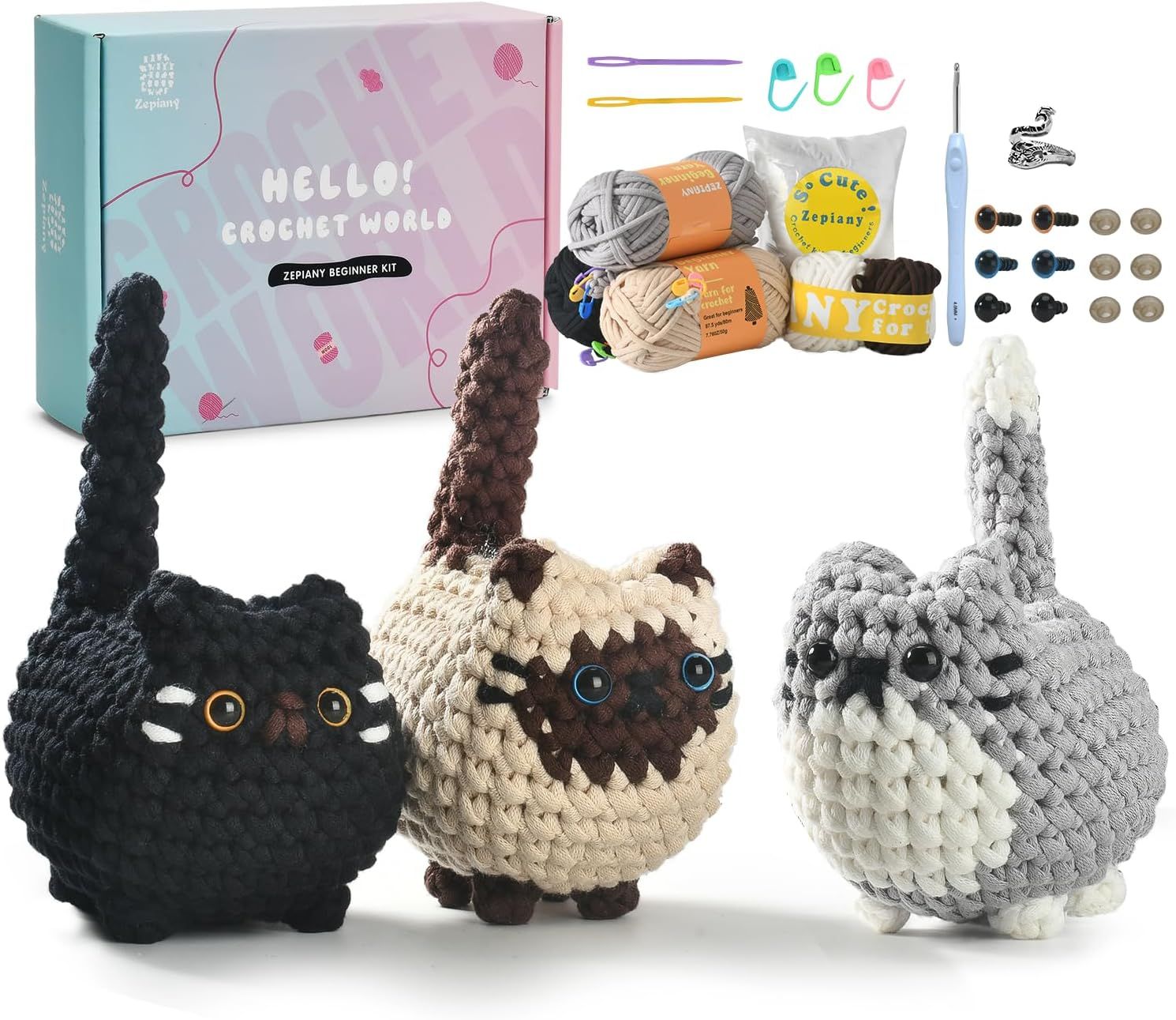 Shows buyers exactly what they will receive in the crochet beginner kit, including finished examples, yarn, tools, and accessories. Displays the professional retail packaging alongside the product…