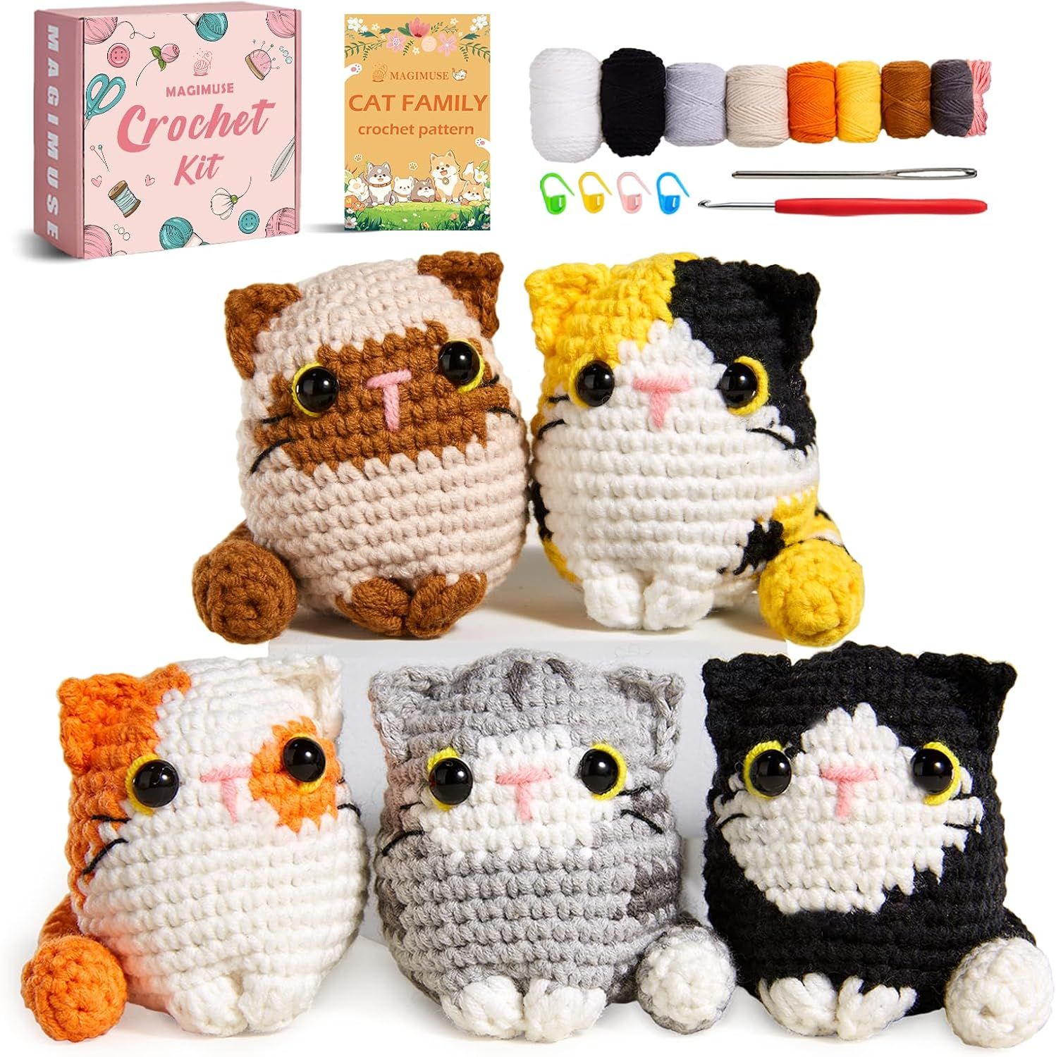 Shows buyers exactly what they will receive in the crochet kit, including yarn, hooks, pattern book, stitch markers, and the finished cat plushies they can create. Displays the professional retail…