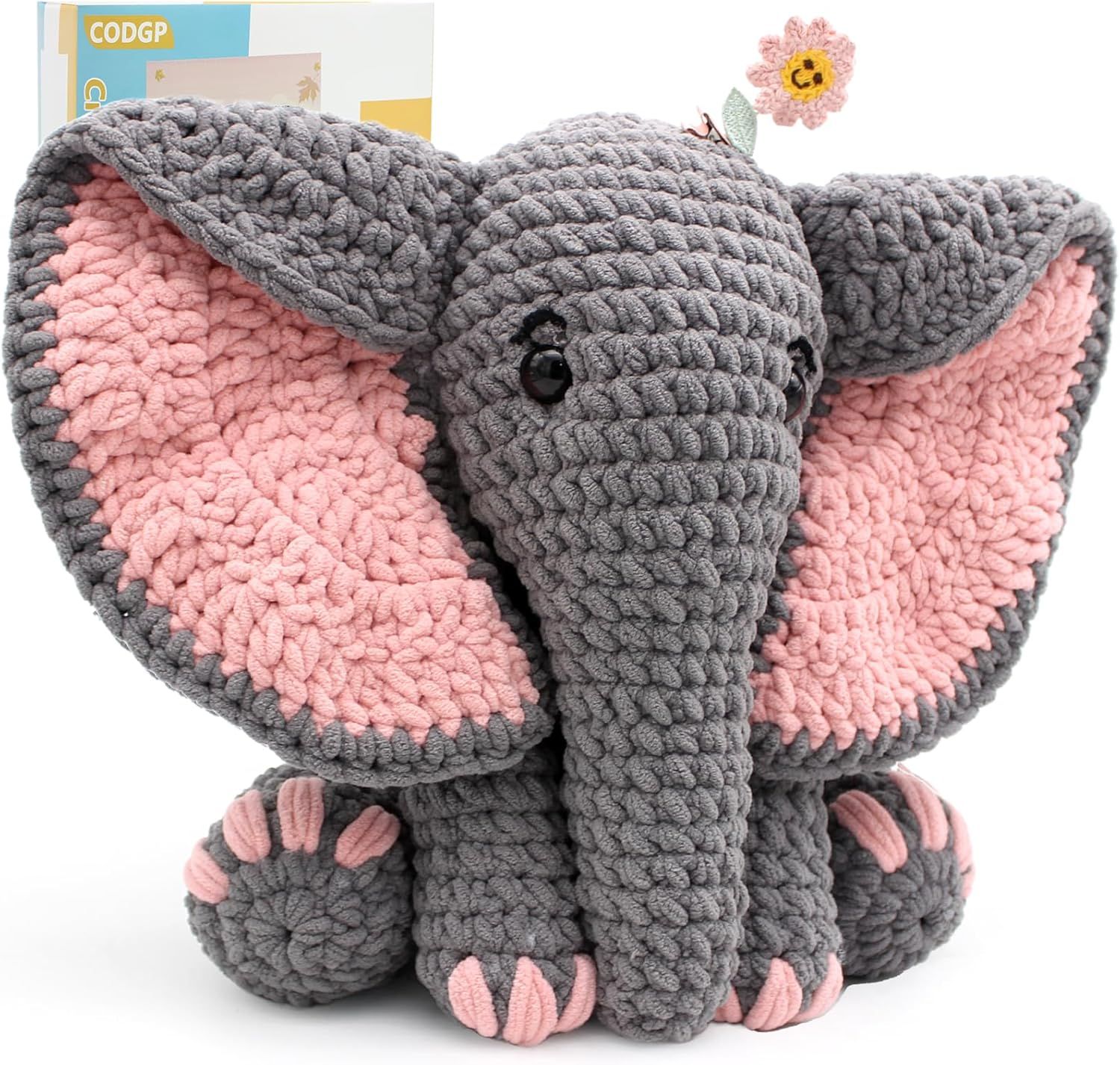 Displays the core product clearly on a white background to help shoppers quickly identify the handmade crochet elephant toy being sold. The added decorative flower element enhances visual appeal and…