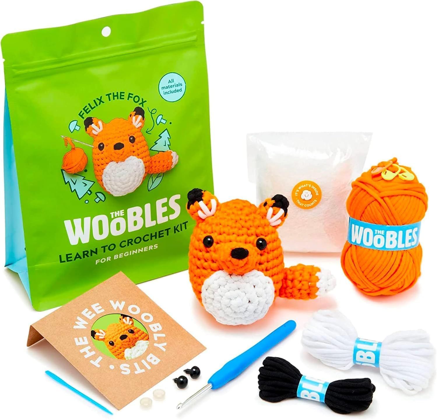 Shows buyers exactly what they will receive in the crochet kit, including yarn, tools, instructions, and all components needed to complete the project.