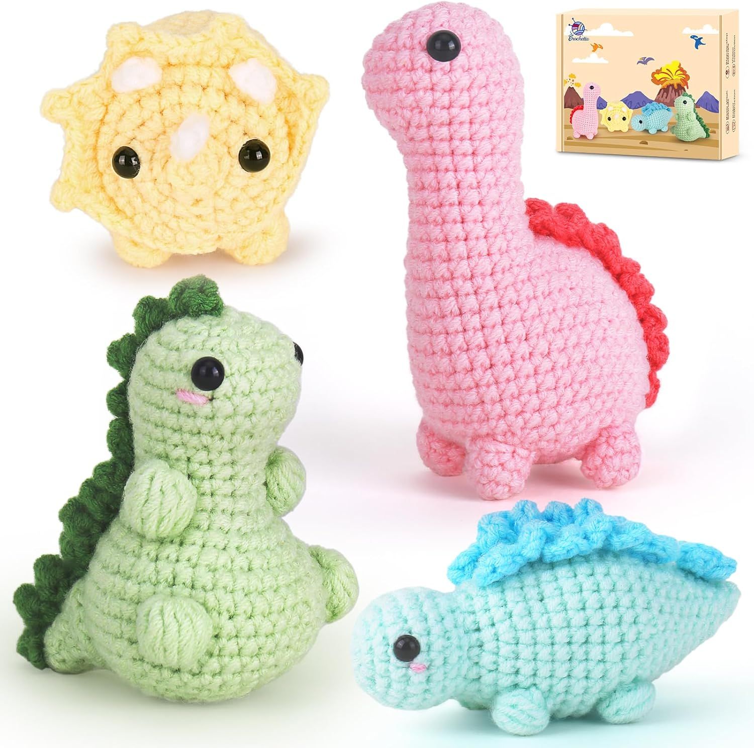 Shows buyers exactly what they will receive in the purchase, including all crocheted toys and the retail packaging, demonstrating the full value of the set.