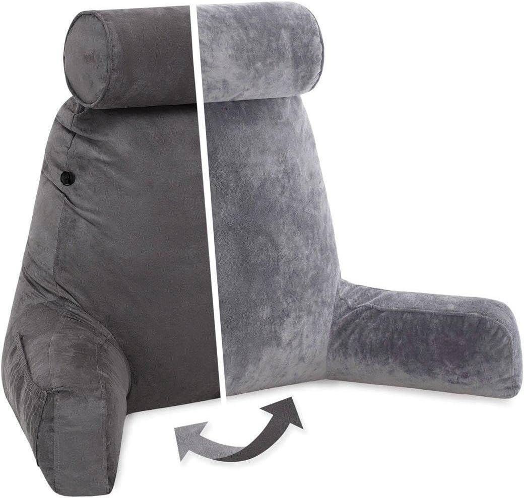 Shows the product with a removable cover feature and adjustable armrests to communicate versatility and ease of maintenance.