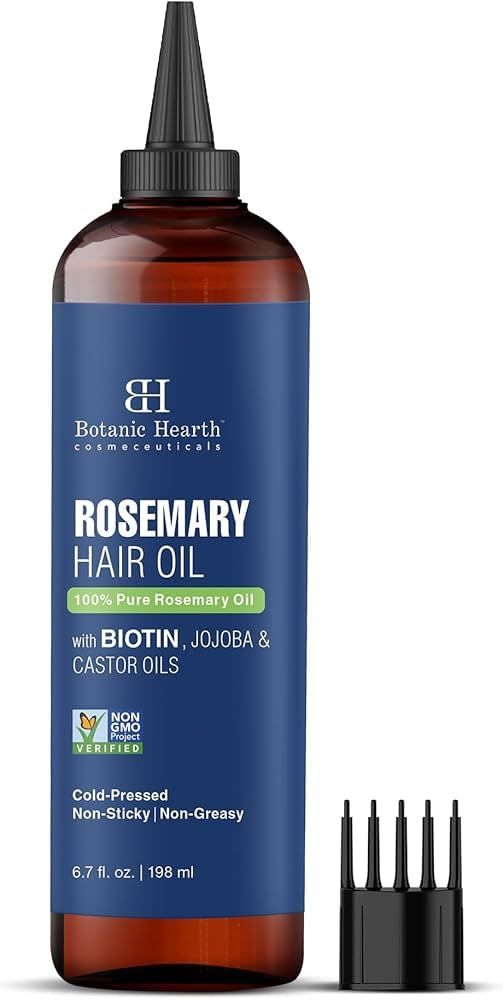 Shows the buyer exactly what they will receive: the rosemary hair oil bottle and the included applicator tips for precise application.