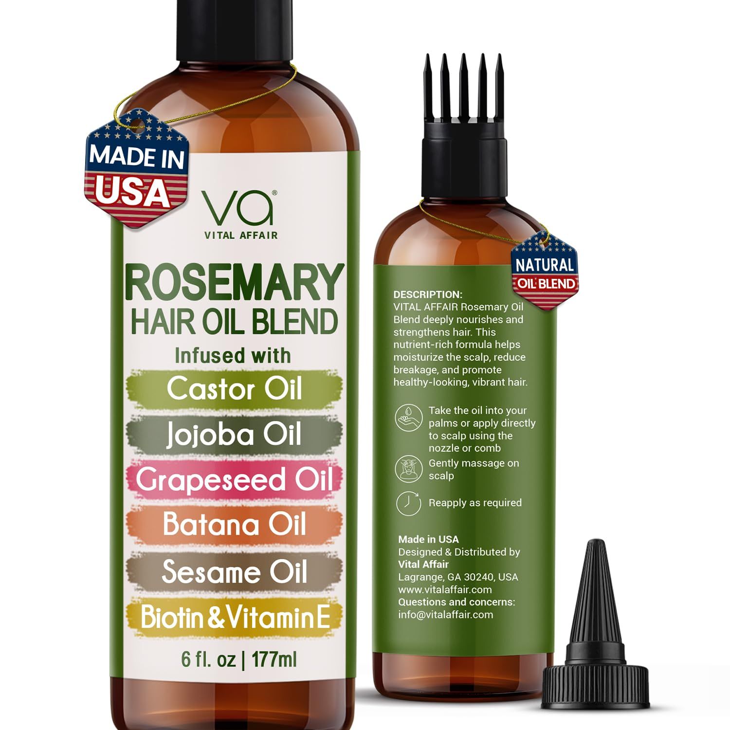 Shows the buyer exactly what is included in the purchase: the hair oil bottle with two different applicator attachments for easy scalp application.