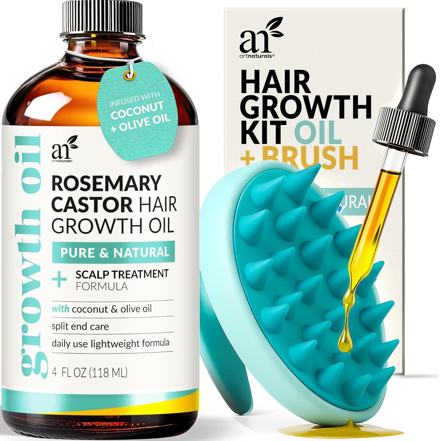 Shows buyers exactly what they will receive in the purchase: a hair growth oil bottle, scalp massage brush, dropper applicator, and product packaging.