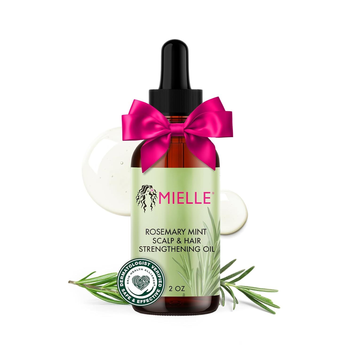 Displays the core product clearly on a white background to help shoppers quickly identify the hair oil being sold and its key ingredients. Enhances visual appeal with a decorative pink bow, fresh…