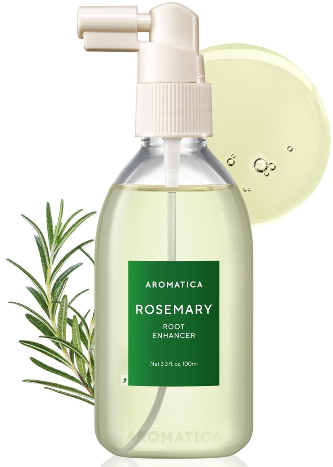 Communicates the natural, botanical nature of the product by adding fresh rosemary sprigs and product droplets as decorative elements to enhance visual appeal and convey freshness.
