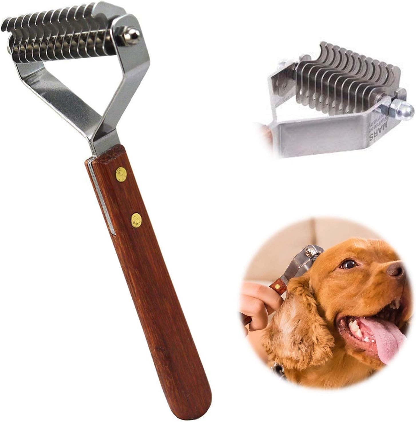 Shows the core product clearly with multiple angles and a usage demonstration to help shoppers understand what the grooming tool looks like and how it is used on pets.