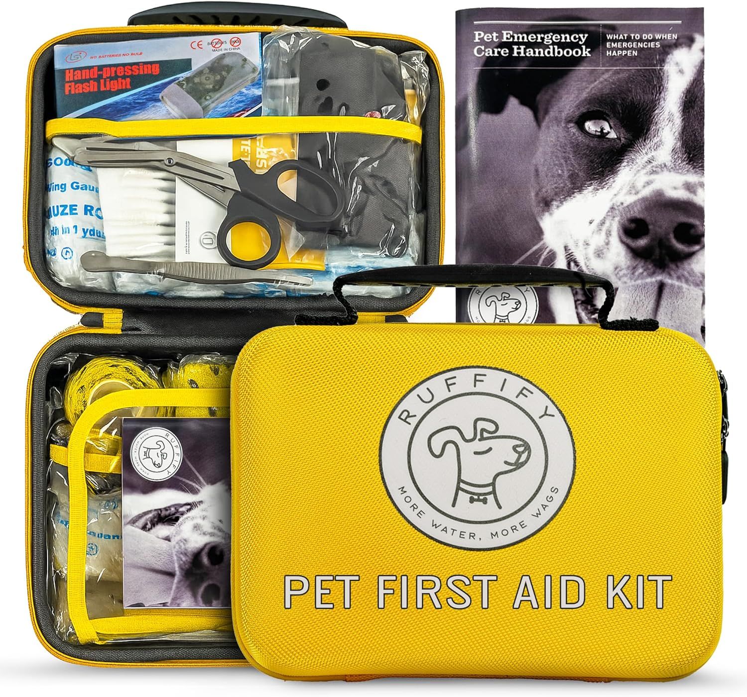 Shows buyers exactly what is included in the pet first aid kit, displaying all the medical supplies, tools, and handbook they will receive to reassure them of the product's completeness and value.