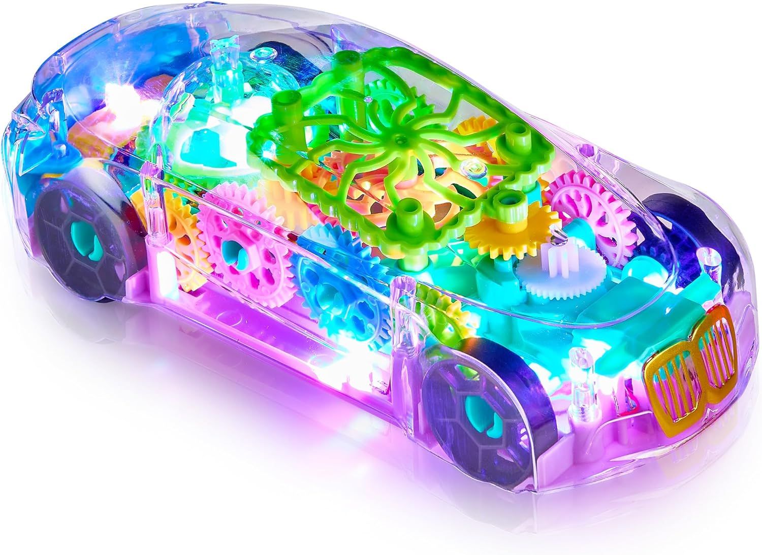 Showcases the toy car with a clear transparent body that reveals colorful internal gears and mechanisms, highlighting the educational and visually engaging nature of the product.