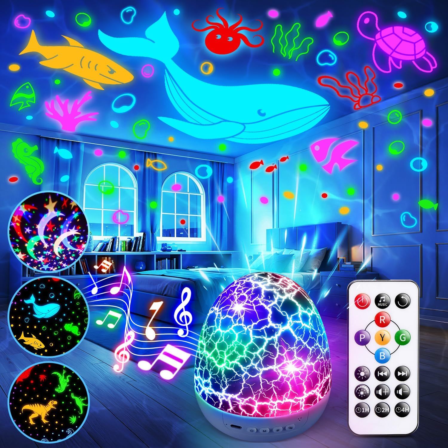 Demonstrates the product in a real bedroom setting to show how the projector creates an immersive ocean-themed light show with multiple projection options and remote control functionality.
