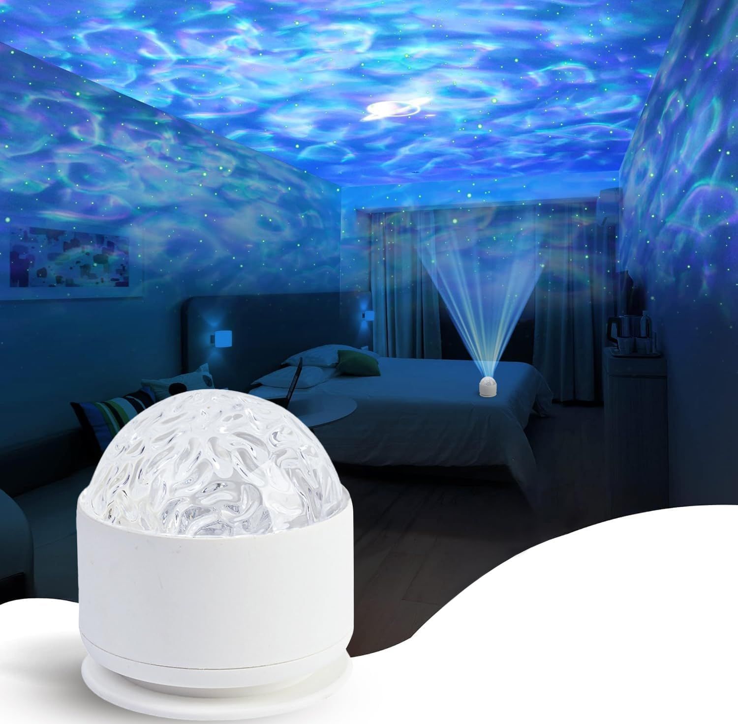 Demonstrates the product in use within a bedroom setting to show how it creates an immersive ocean wave light projection effect for relaxation and ambiance.