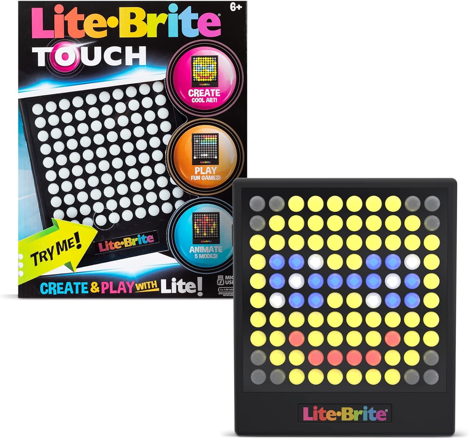 Shows the Lite-Brite Touch product alongside its branded retail box to communicate what the customer will receive and establish brand identity and retail readiness.