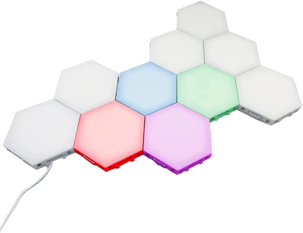 Displays the core product clearly on a white background to show the modular hexagonal design and color-changing LED capability, helping shoppers quickly identify what is being sold.