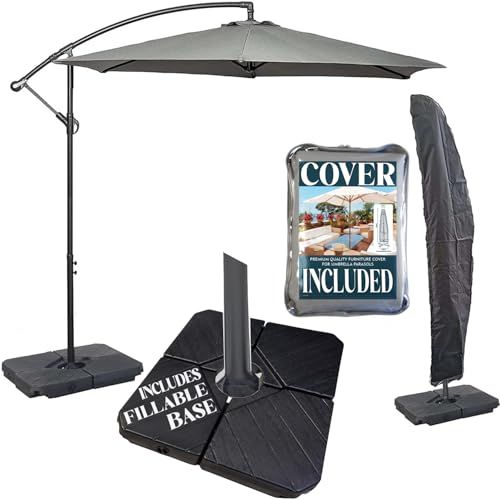 Shows buyers exactly what they will receive: the cantilever umbrella, fillable base weights, and protective cover, helping them understand the full value of the purchase.