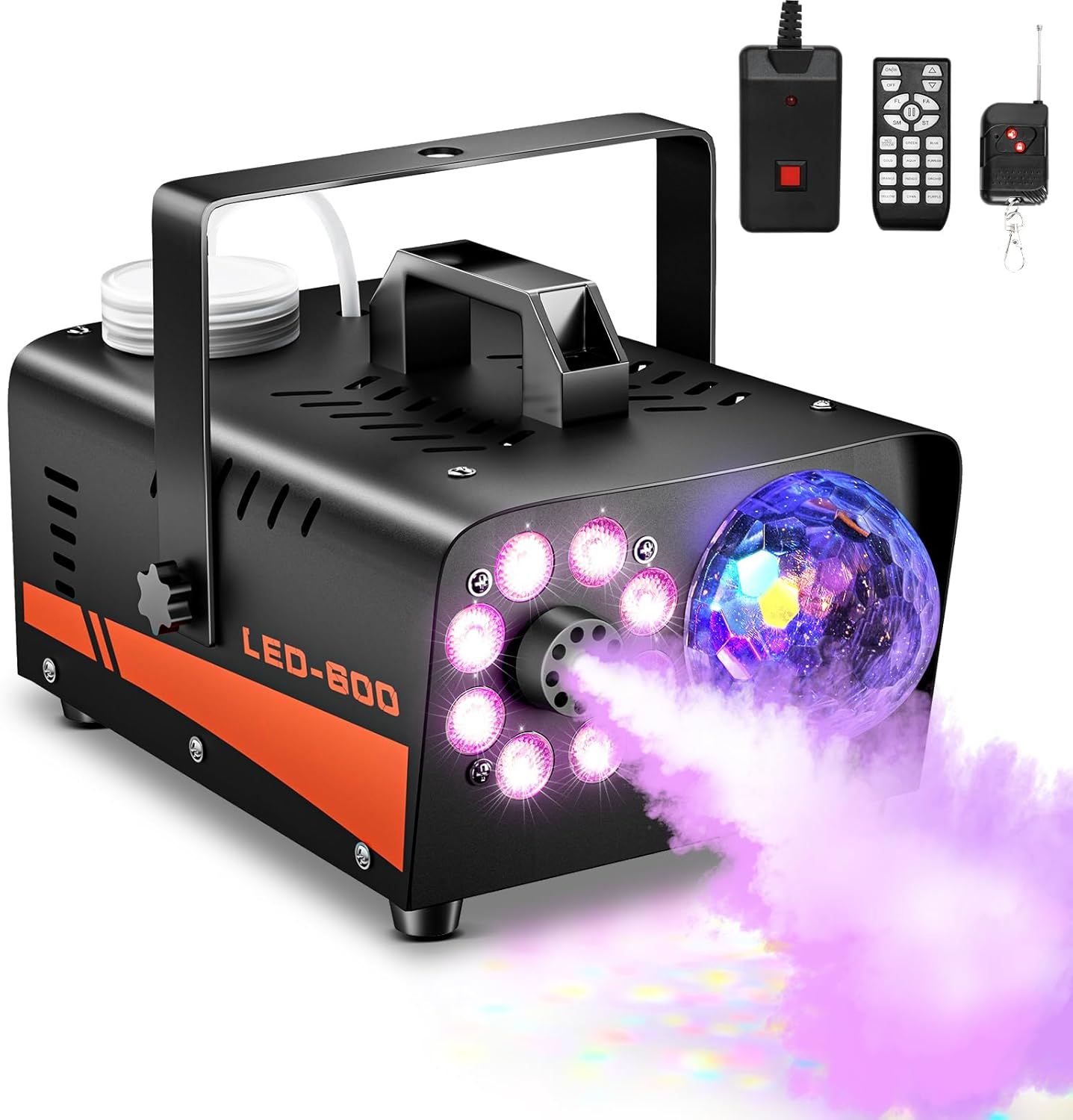 Shows the buyer exactly what is included in the purchase: the fog machine with LED lights and all three remote control options for operation.