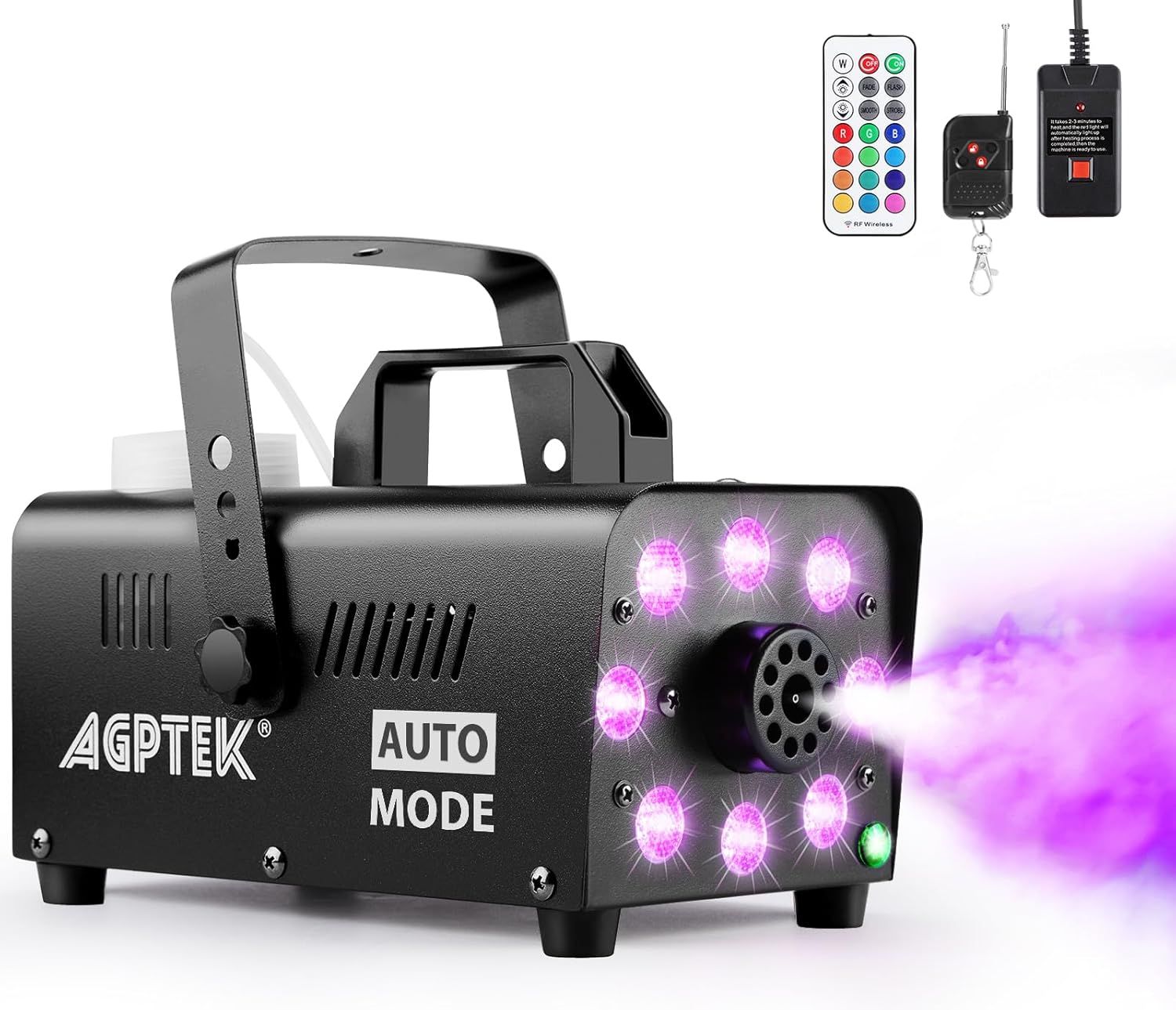 Shows the buyer exactly what is included in the purchase: the fog machine, remote control, and additional components, helping set clear expectations for the complete package.