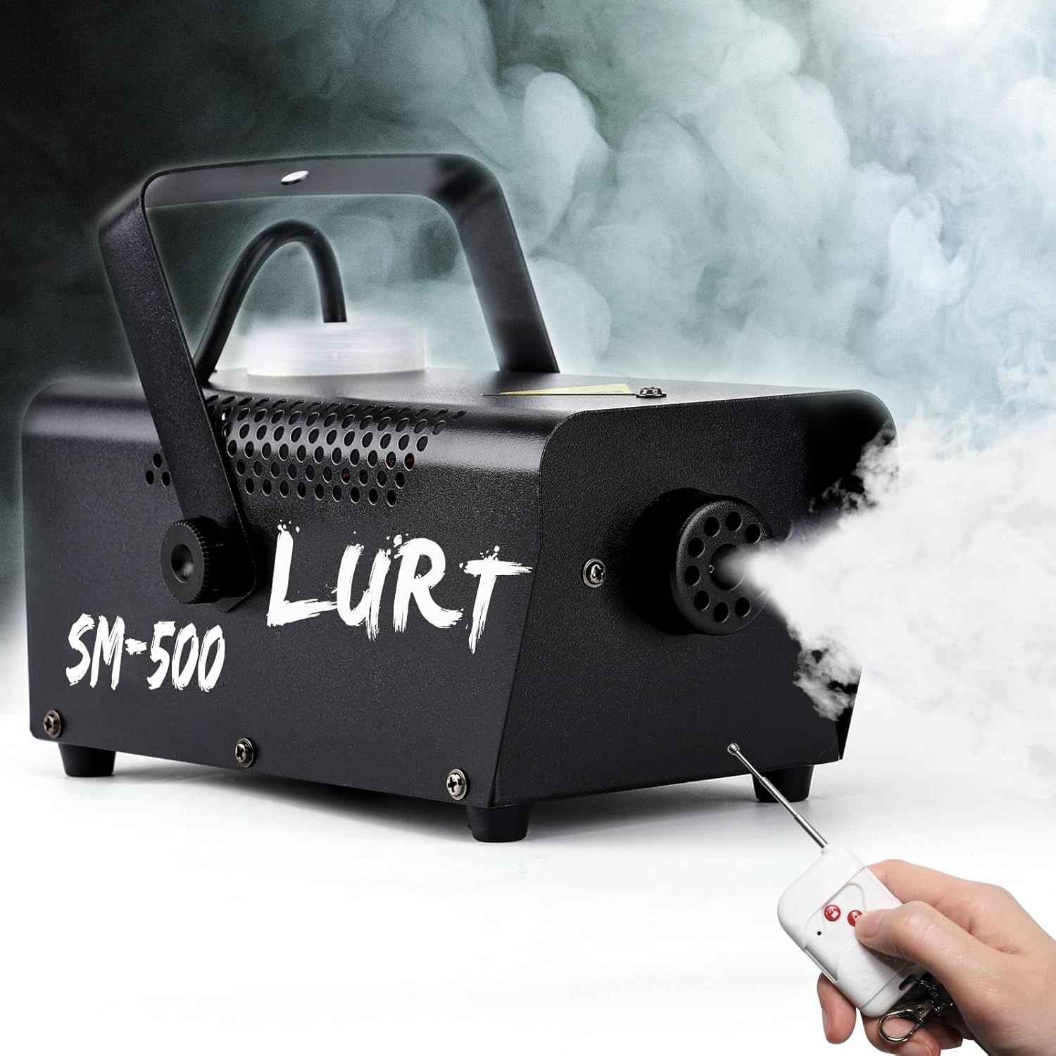 Shows the core product clearly with its key feature of producing smoke effects and includes the remote control to demonstrate ease of operation and what comes with the purchase.