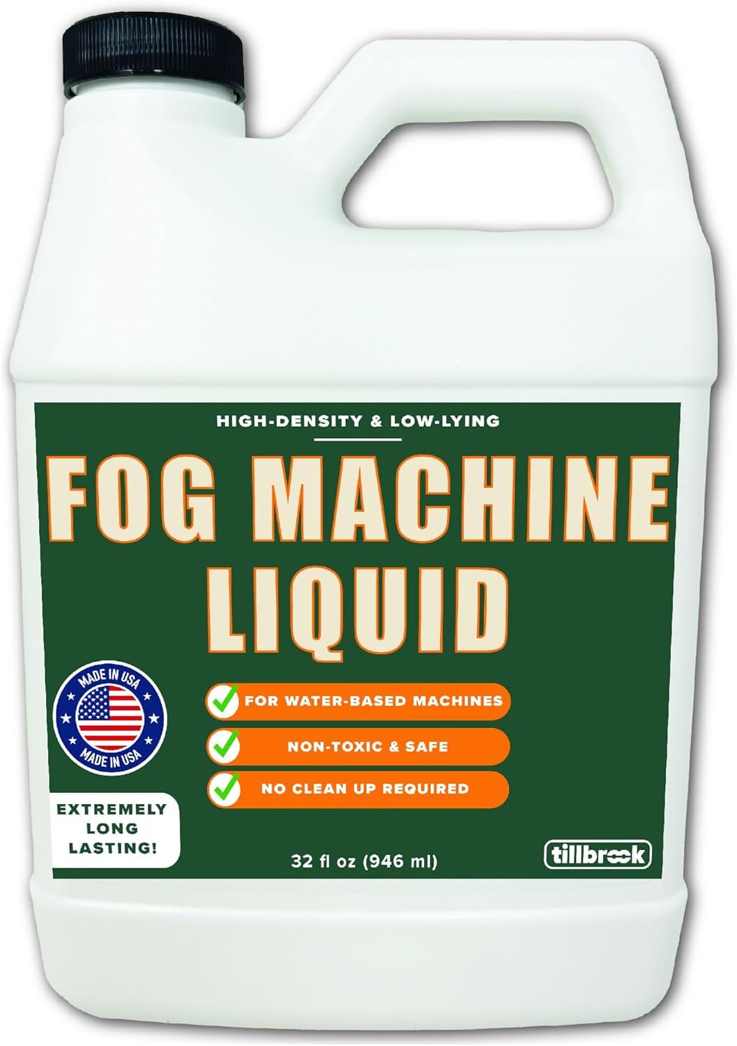 Shows the fog machine liquid bottle clearly on a white background to help shoppers identify the product and read key features like non-toxic, water-based, and long-lasting.